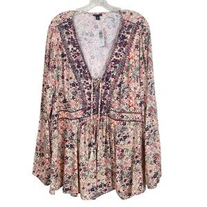 Torrid NWT Long Bishop Sleeve Floral Boho Peasant Top Lace-Up V-Neck Cream Sz 2X